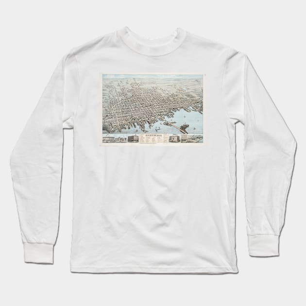 Vintage Pictorial Map of New Bedford MA (1876) Long Sleeve T-Shirt by Bravuramedia